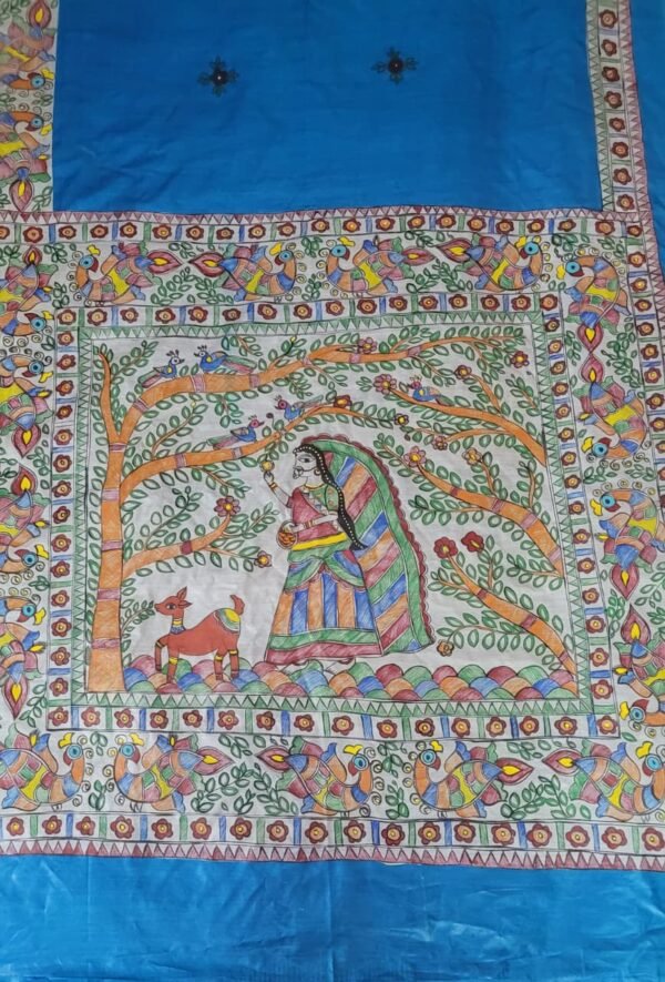 "A girl and peacock" hand painted Munga Tussar silk madhubani saree - Image 6